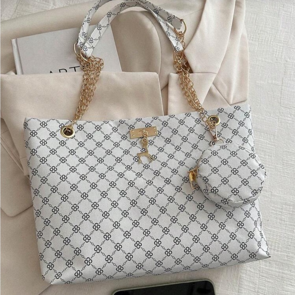 ⚠️Clearance Chain Shoulder Tote Bag Elegant White Patterned Bag with Gold Chain - Picture 8 of 11